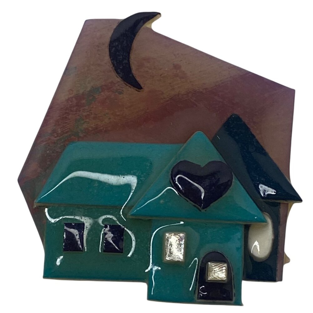 Lucinda House Pin Brooch Teal House Heart Crescent Moon No‎ Tag Vintage 90's